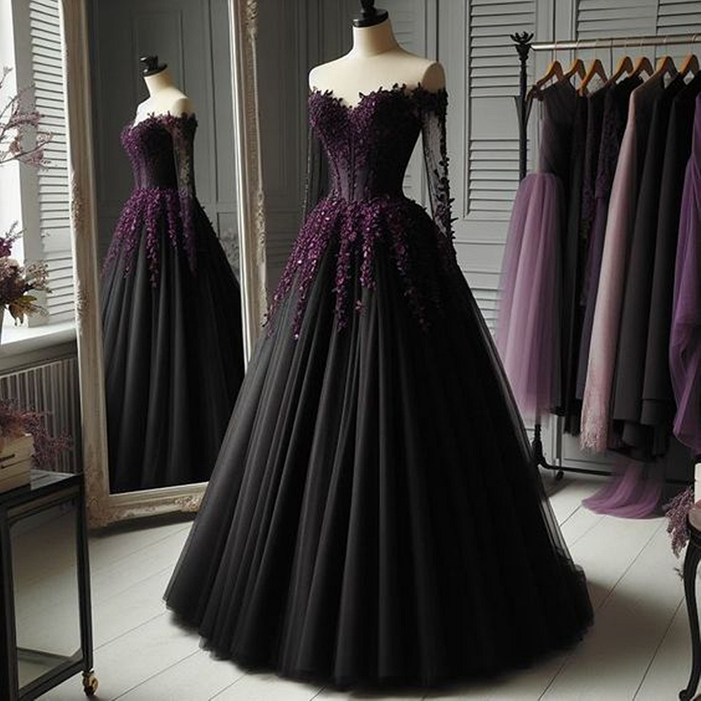 Black Gothic Evening Dresses Long Sleeve Off Shoulder Floor Length A-Line Formal Party Gowns Lace Appliques Corset Tulle Prom Dress For Women