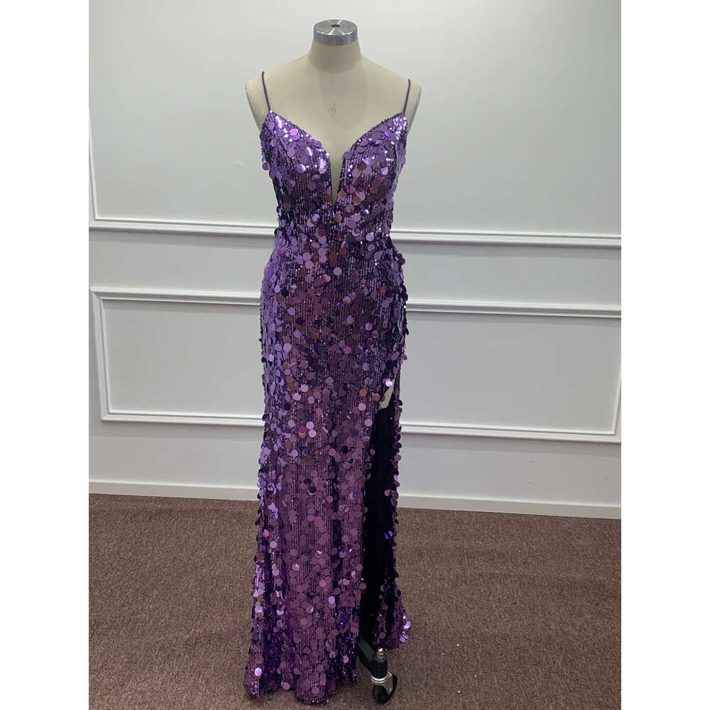 Sparkly Purple Sequined Evening Dresses Sexy V Neck High Slit Mermaid Spaghetti Straps Backless Prom Gowns Formal Party Vestidos
