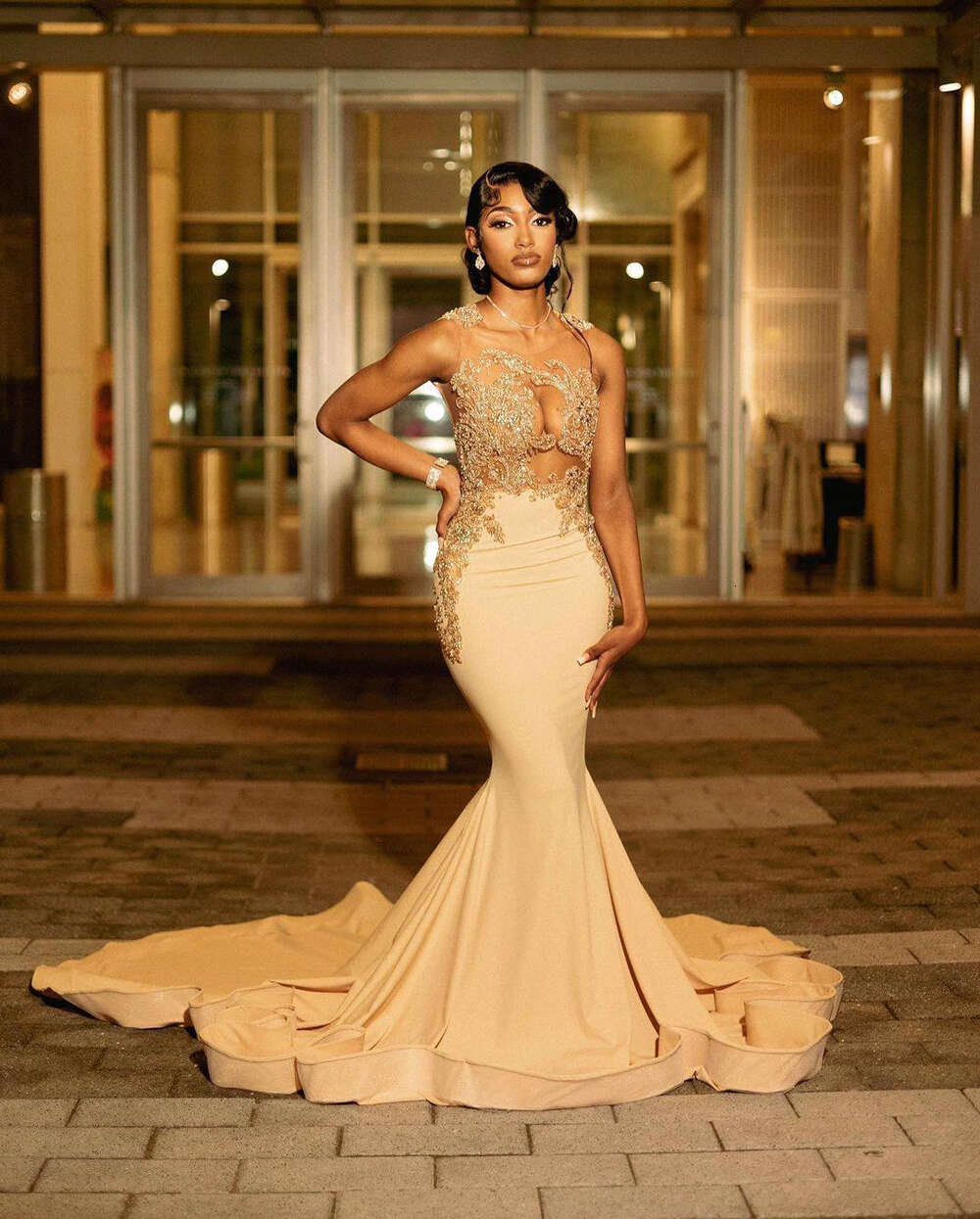 Champagne Satin Mermaid Evening Dresses Beaded Sequined Embroidery Ruffled Hem Formal Party Prom Gowns Vestido De Fiesta