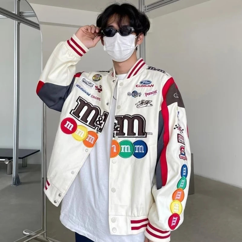 Spring Vintage Racing Bomber Jacket Men College Harajuku Embroidery Baseball Coat Street Fashion Motorcycle Outwear Y2k 240717