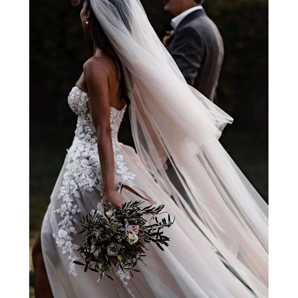 Sheer Lace 3D Flowers Appliques Wedding Dresses For Women Sweetheart Split Tulle Beach Bridal Gown With Crystal Vestido De Novia