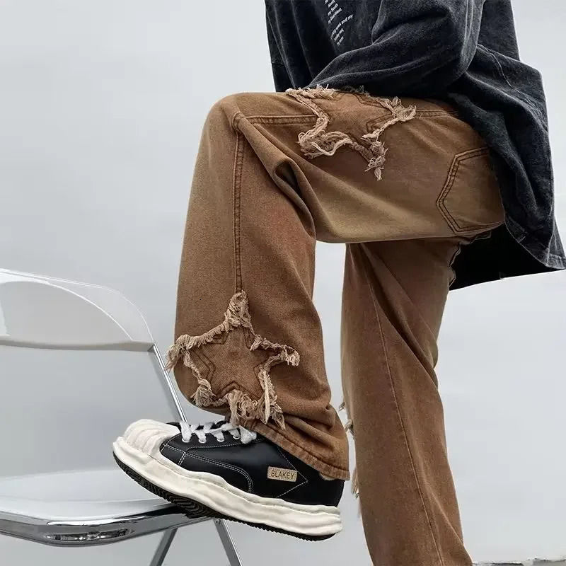 Fashion Stars Towel Embroidery Brown Men Jeans Pants Y2K Clothes Straight Hip Hop Cotton Trousers Pantalon Homme 240716