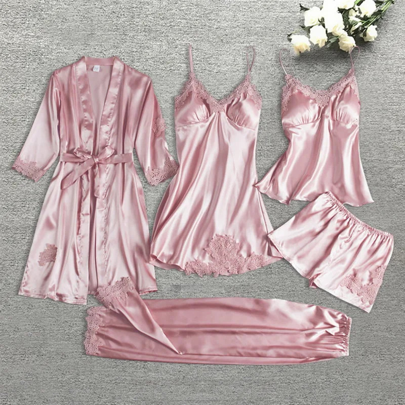 Women Satin Silk Pajamas Set 5 Pieces Robe Nightdress Shorts Pants Sleepwear Female Sexy Wedding Nightwear Home Wear Nighty 240712