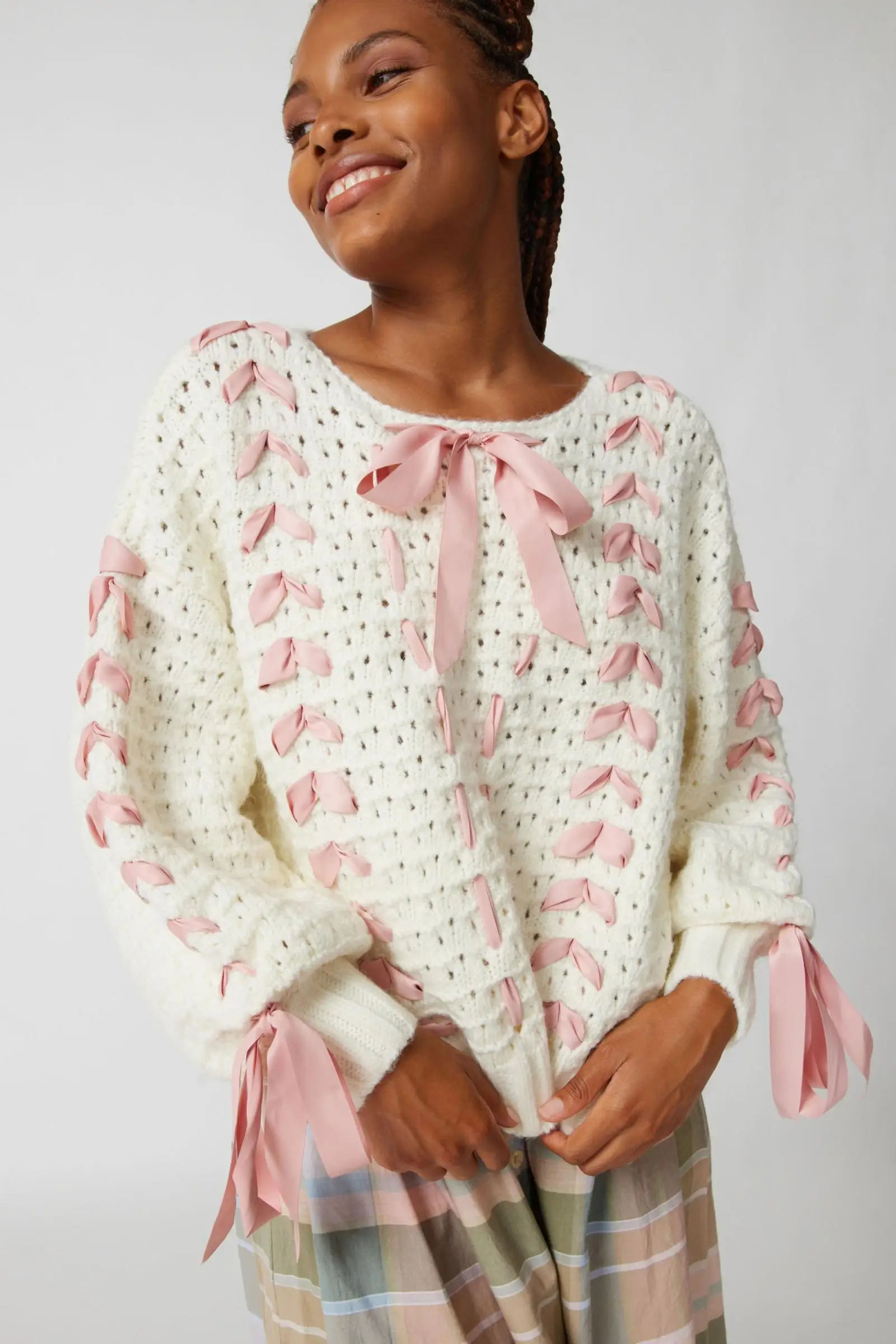 Womens Oversized Fit Crew Necklne Sweater Chunky Knit Pullover Sweater Contrasting Ribbons Bows Jumpers Aesthetic Streetwear 240715