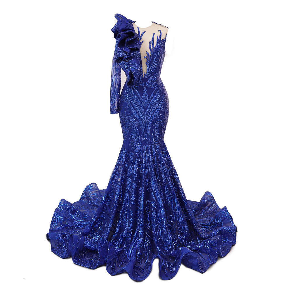 Vintage Royal Blue Lace Evening Dresses Deep V Neck Illusion One Shoulder Applique Ruffles Formal Party Prom Gown Robe De Soiree