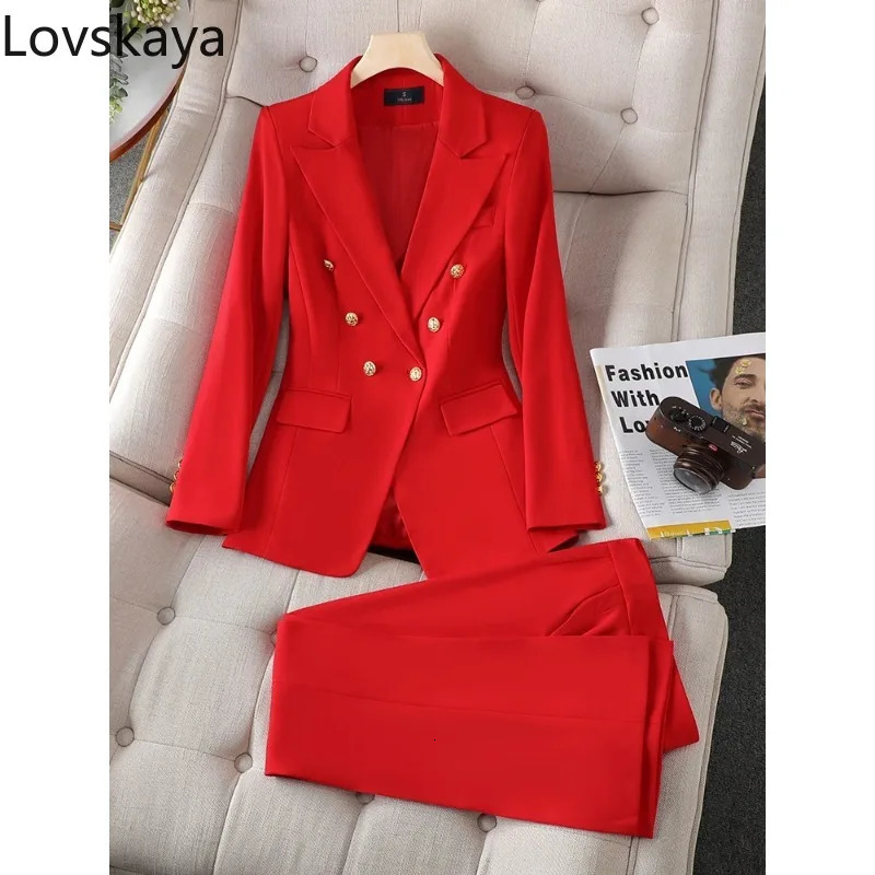 Button Decoration Formal Jacket Blazer And Trouser 2 Piece Set Fashion Pink Green Black Ladies Work Wear Pant Suit Women 240713