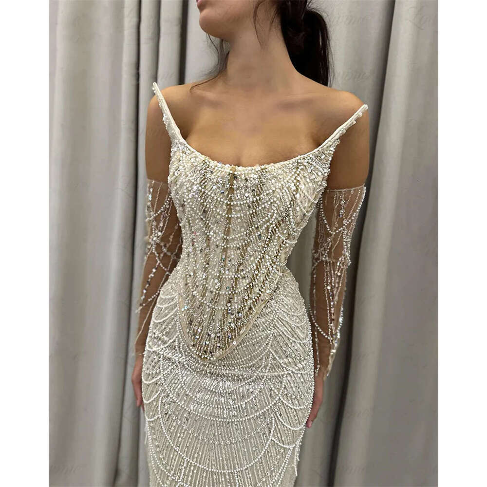 3 Pieces Suit Sequined Pearls Evening Dresses Mermaid Champagne Beaded Spaghetti Straps Formal Prom Party Gowns Vestidos