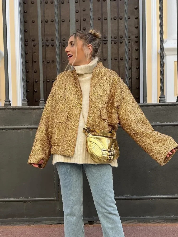 Chic Golden Sequin Zipper Jacket For Women Fashion Loose Round Neck Long Sleeved Coats Spring Female Party Club Shiny Outerwear 240715