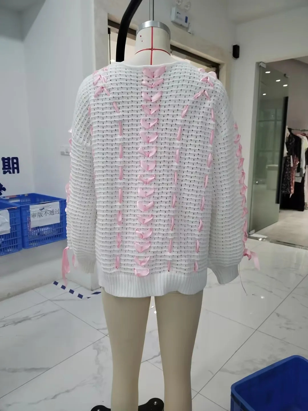 Womens Oversized Fit Crew Necklne Sweater Chunky Knit Pullover Sweater Contrasting Ribbons Bows Jumpers Aesthetic Streetwear 240715