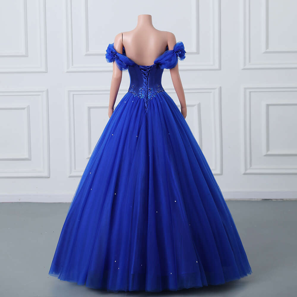 Crystal Beaded Evening Dresses Royal Blue Tulle Appliques Off Shoulder Formal Party Prom Ball Gown Lace Up Robe De Soiree