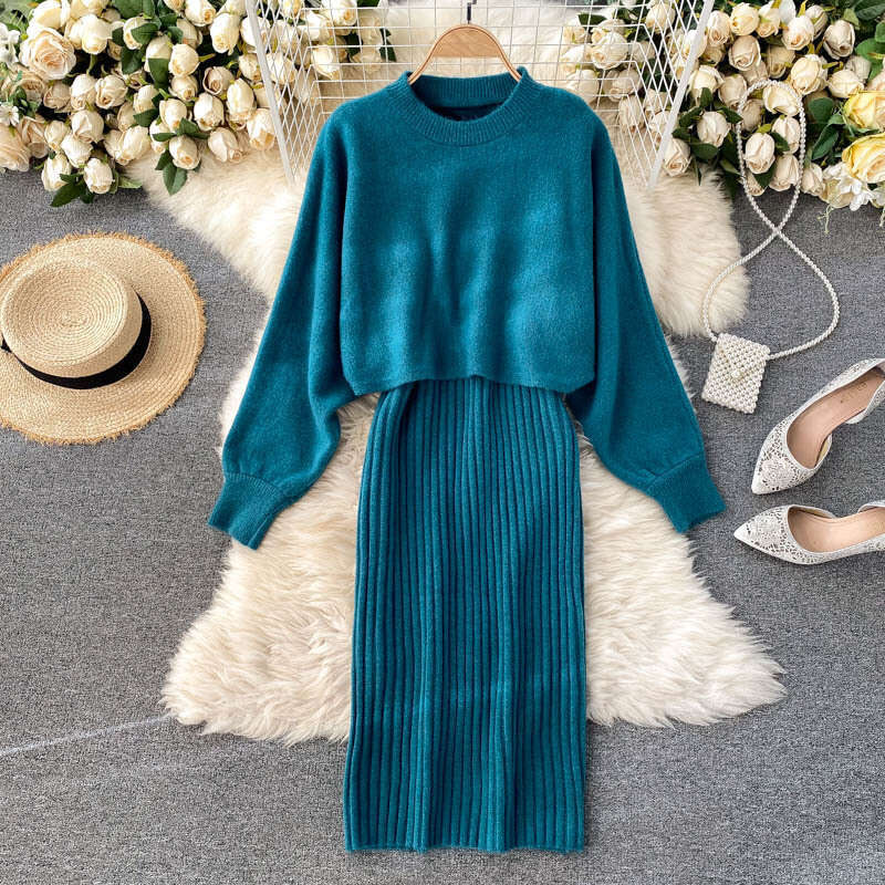 Dress 2020 New Womens Knitted Top Short High Waist Versatile Tank Top Stylish Two Piece Set Novelty Bifurcated Waist Round Neck Dress BOHO DRESS