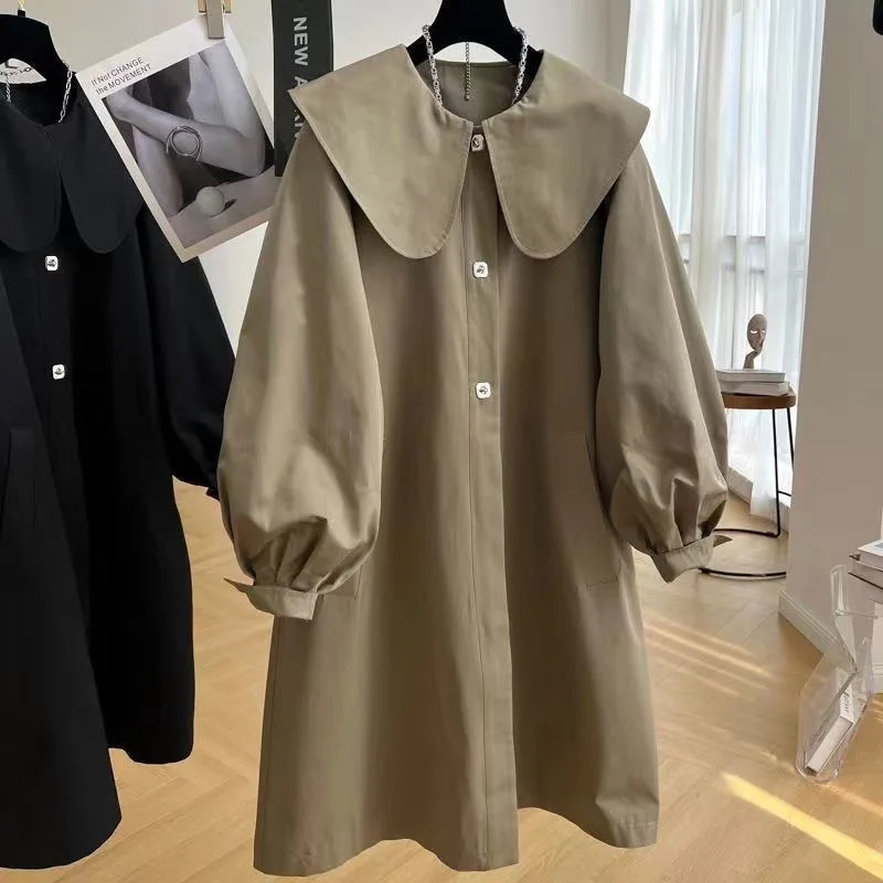 Trench Girls Autumn Doll Collar Windbreaker Coat Korean Solid Color Loose Middle Length Fashion Overcoat Button 240711