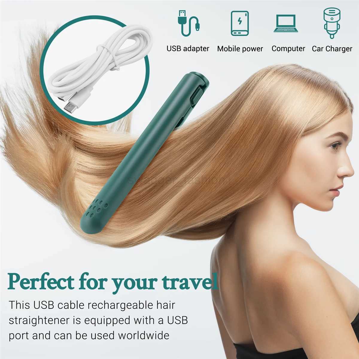 USB Cable Mini Portable Hair Straightener for Straight and Curling Dual-Use Curling Irons for Students GreenB240719