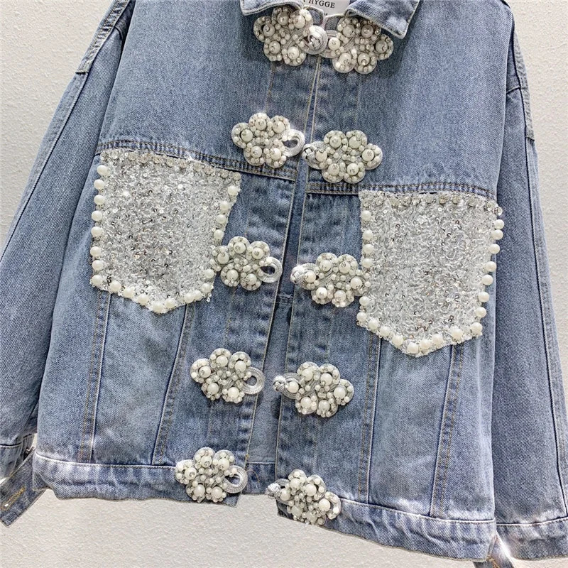Spring Denim Jacket Women Heavy Industry Diamond Studded Bead Disc Buckle Loose Jeans Coat Clothes Vintage 240717