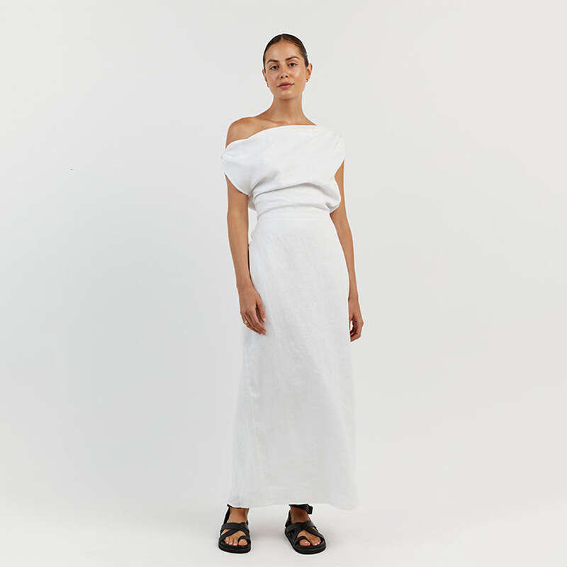 Australian Niche Dissh Linen Dress with Asymmetrical and Sexy One Shoulder Long Skirt Temperament Sexy Waist Short SKINNY DRESS Silk Dress