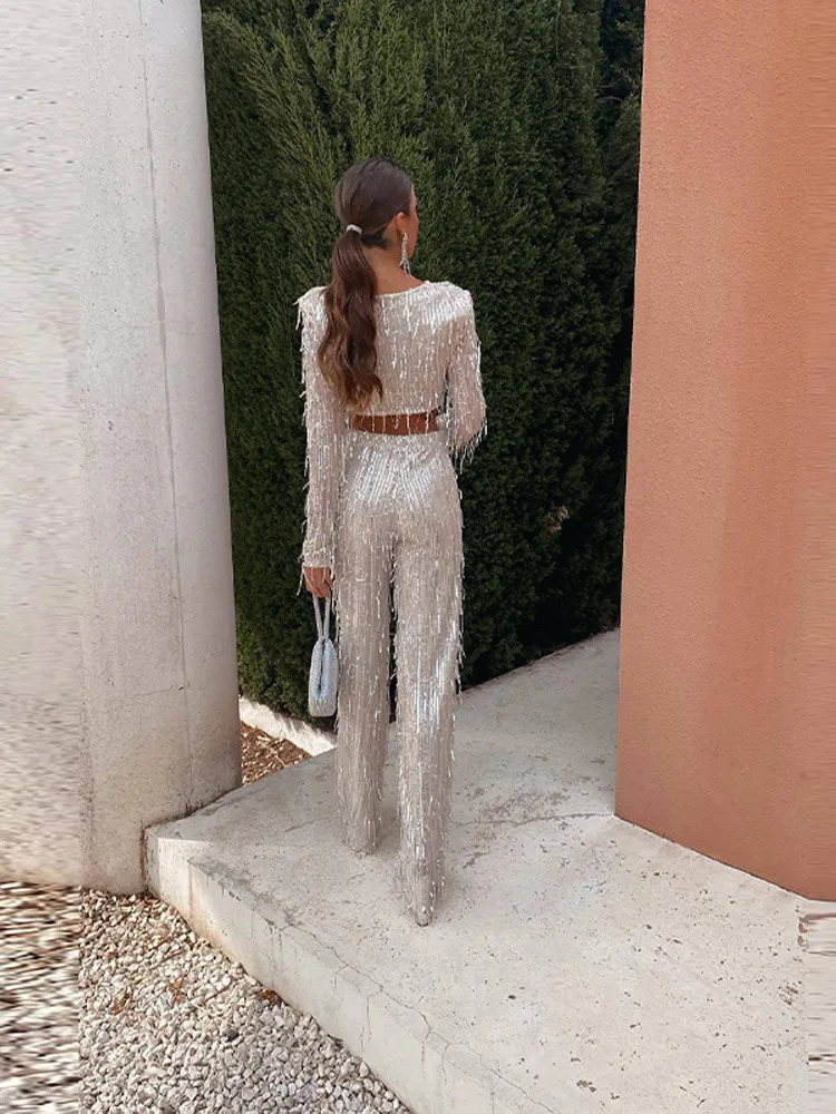 Clearance Tassel Sequin Women 2 Piece Set Spring Silver Bright Silk O-neck Crop Tops Wide Leg Pant Female Suit Fashion Lady Sets 240715