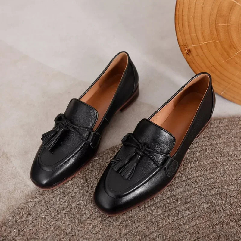 British Style Women Loafers Retro Tassels Pu Leather Shoes Low Heel Shallow Single Black Brown School Flat 240718