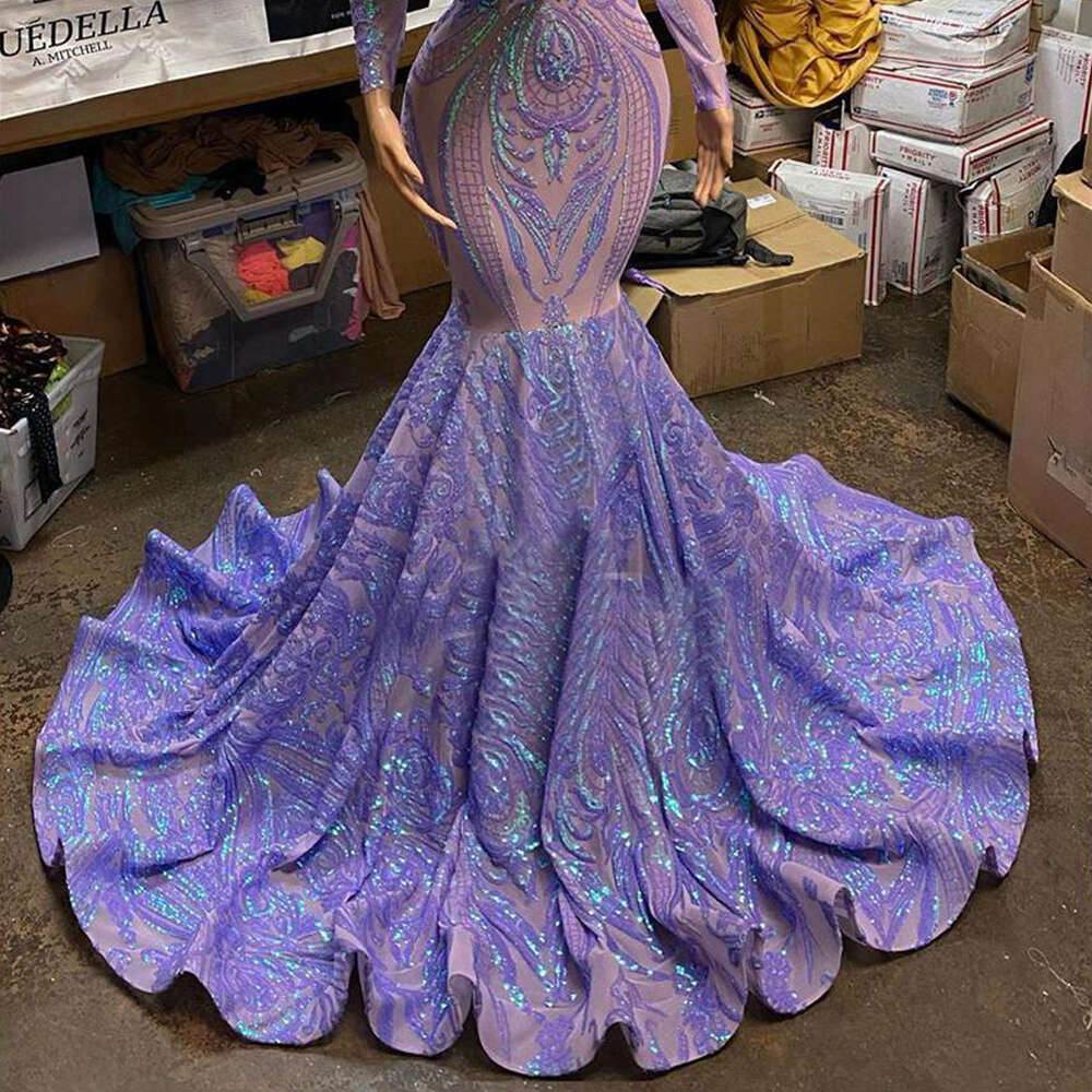 Sleeves Long Purple African Mermaid Women Evening Dress Lace Sequined Sexy Deep V Neck Prom Gown For Black Girls Formal Ocn mal
