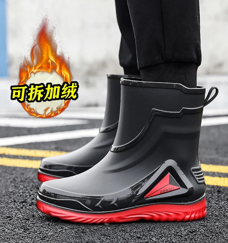 Autumn and winter non-slip rain boots for men warm rain boots velvet waterproof shoes kitchen plastic work shoes fishing shoes 240712