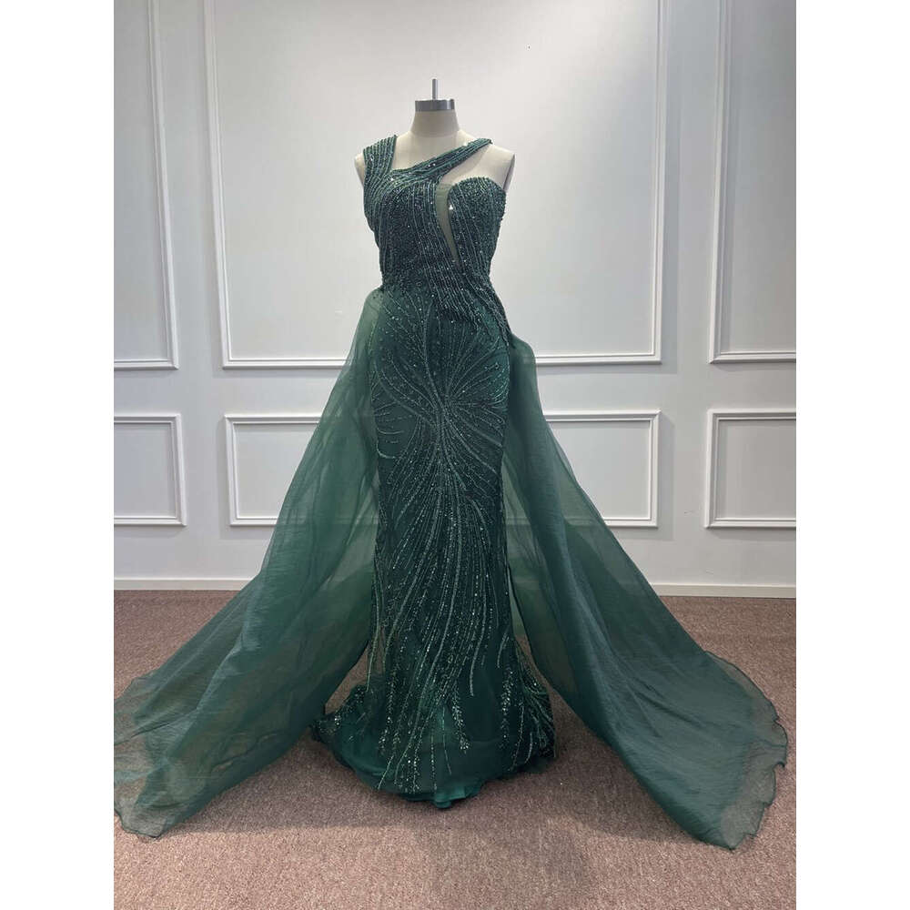 Beading Pearls Tulle Evening Dresses One Shoulder Sequined Dark Green Mermaid Arabic Formal Party Prom Gowns Vestidos