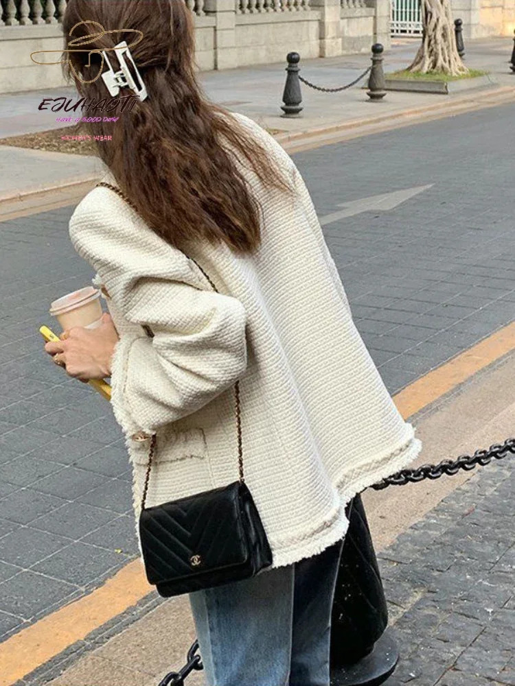 Womens Jacket Small Fragrance Coat In Autumn Winter Korean Fashion O-Neck Tweed Vintage Outerwear Loose All-match Tops 240712