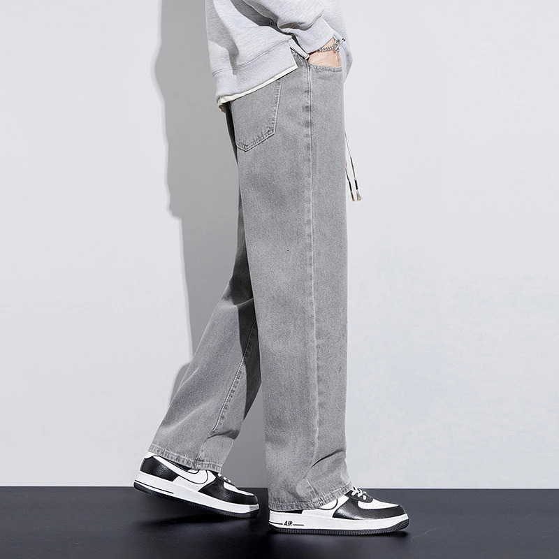 Jeans For Men Baggy Pants Men Trousers Wide Leg Jeans Loose Fit Light Grey Drawsting Elastic Waist Man Clothing Streetwear Homme 240712