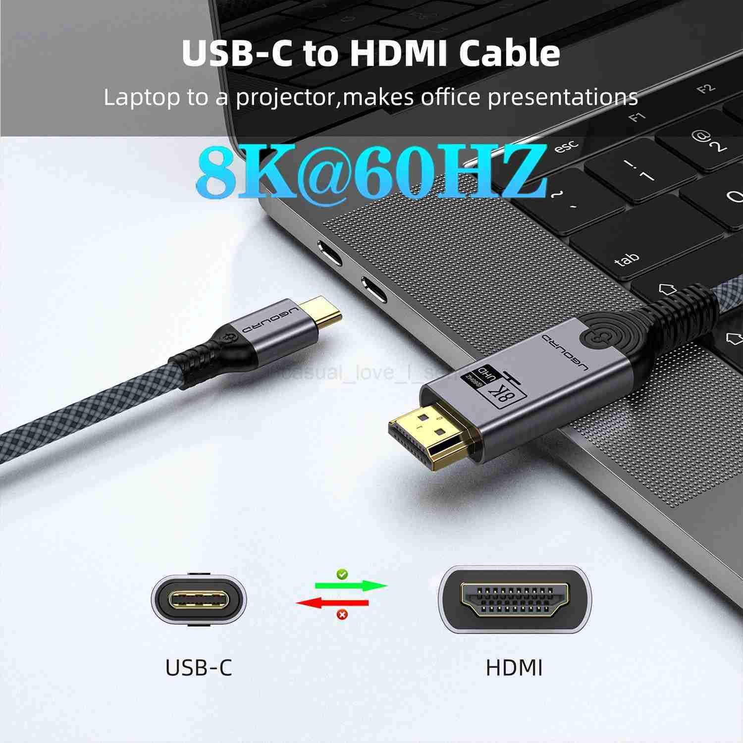 UGOURD USB C to HDMI2.1 Cable Type C to HDMI 8K 4K60HZ Adapter Thunderbolt 3 4 to HDTV 2.0 Converter Cable for iphone 15 MacBookCL240719