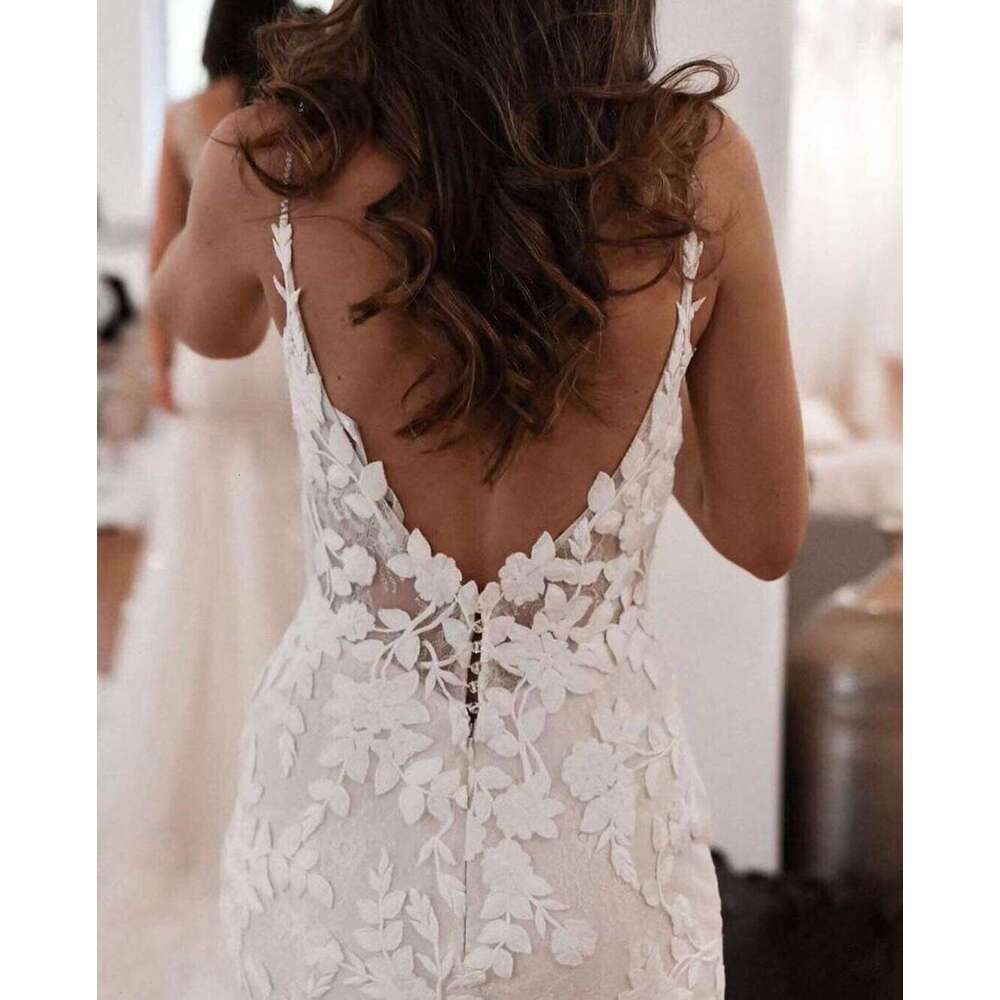 Casual Vintage Wedding Dresses For Women Mermaid Summer Sexy Backless V Neck Lace Spaghetti Straps Bridal Gowns Vestido De Novia