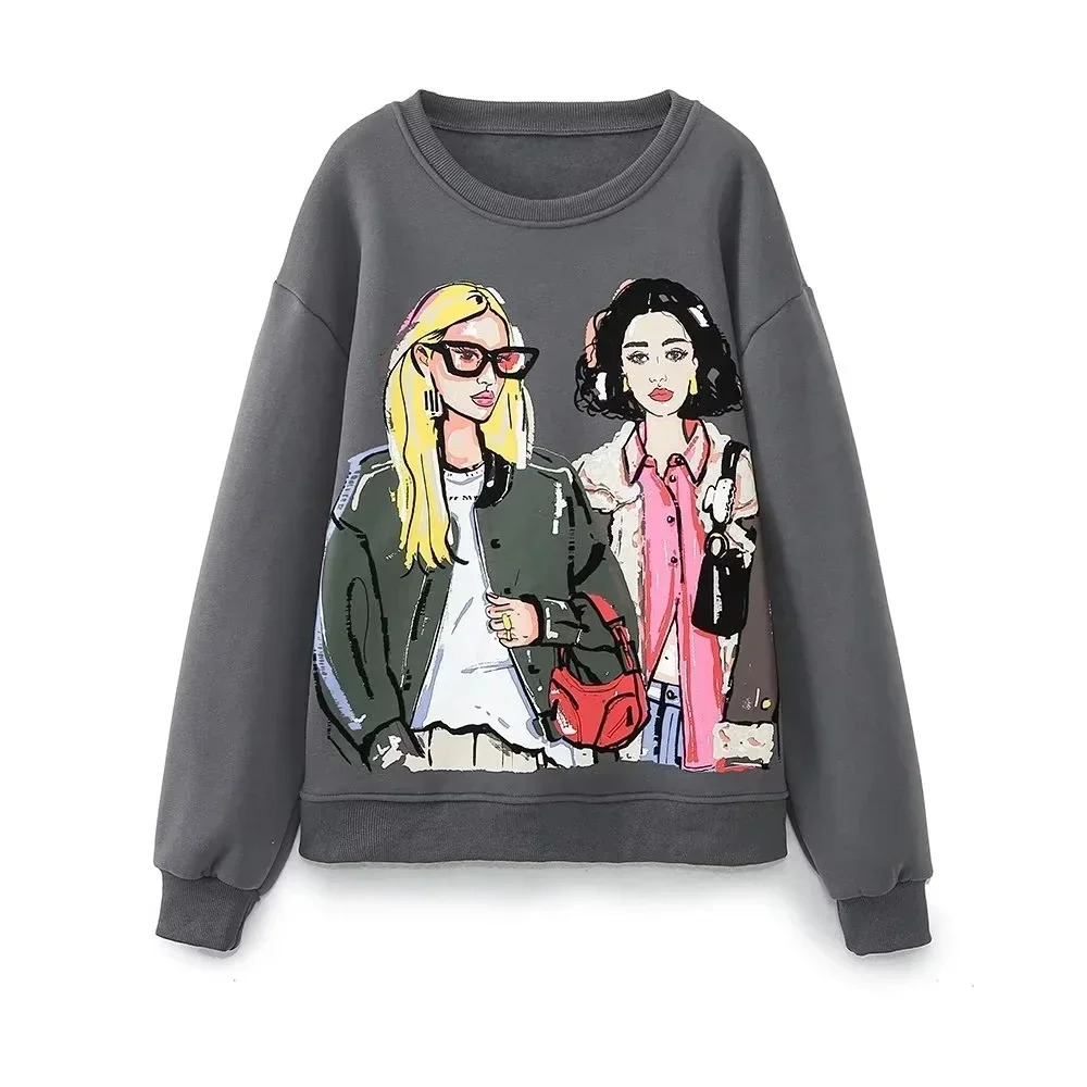 Sivatu TRAF Women Sweatshirts Fashion Beauty Girls Print Casual Female O Neck Hoodies Chic Pullovers Tops 240713