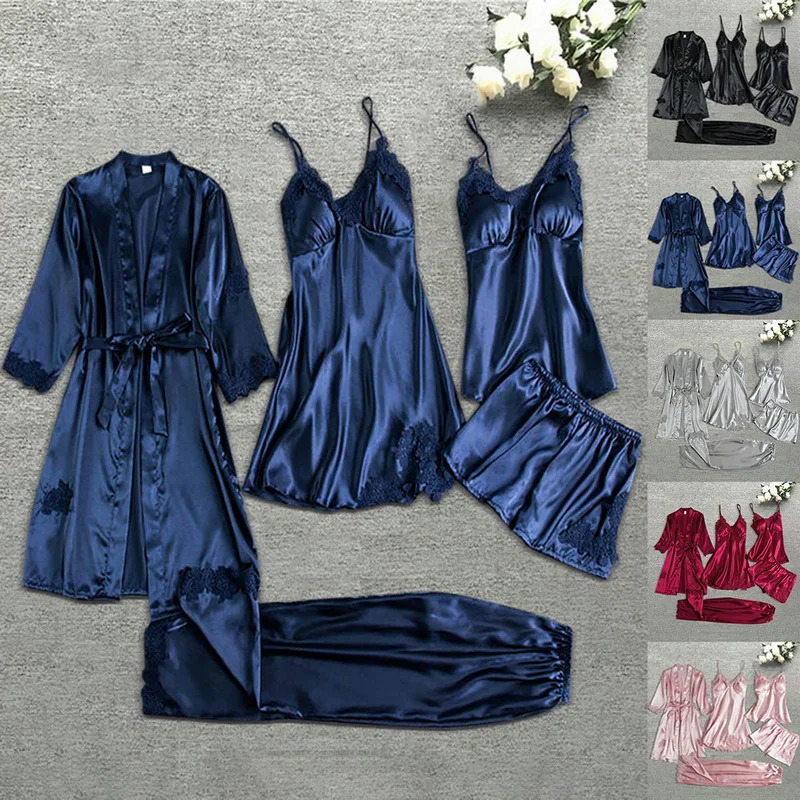 Women Satin Silk Pajamas Set 5 Pieces Robe Nightdress Shorts Pants Sleepwear Female Sexy Wedding Nightwear Home Wear Nighty 240712