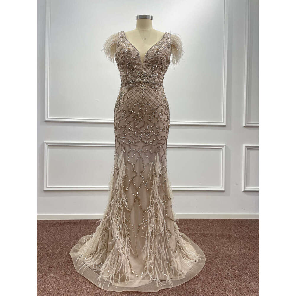 Mermaid Feathers Crystal Evening Dresses Women 2024 Dubai Beading V Neck Elegant Formal Party Prom Gowns Vestidos De Gala