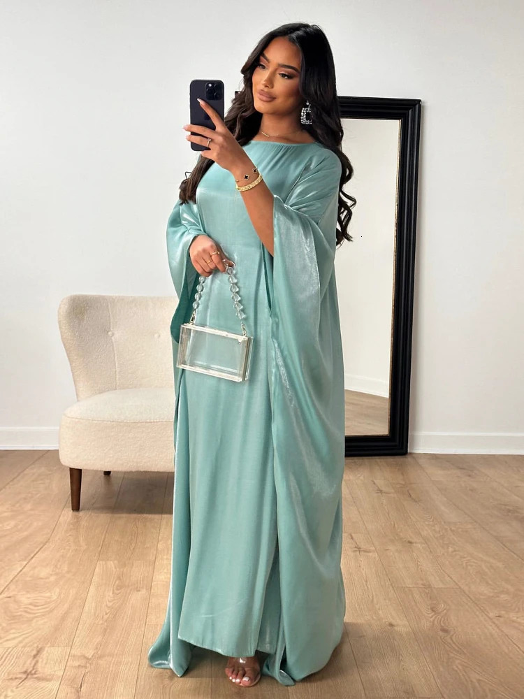 Eid Sliky Bat Sleeve Dress for Women Muslim Ramadan Party Abaya Long Morocco Kaftan Vestidos Dubai Robe Jalabiya 240715wtt