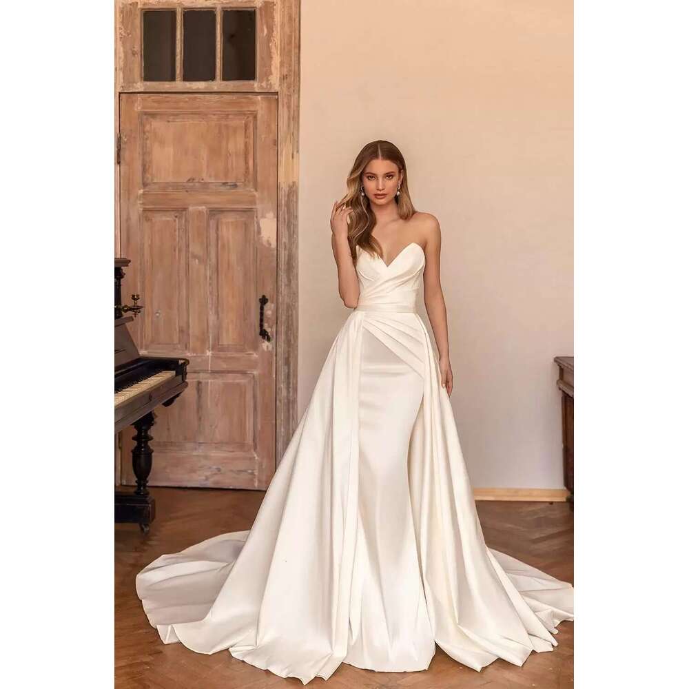 Simple Mermaid Wedding Dresses Strapless Bridal Gowns With Detachable Train Slim Custom Made Bride Clothes Vestidos De Novia 0226Lz