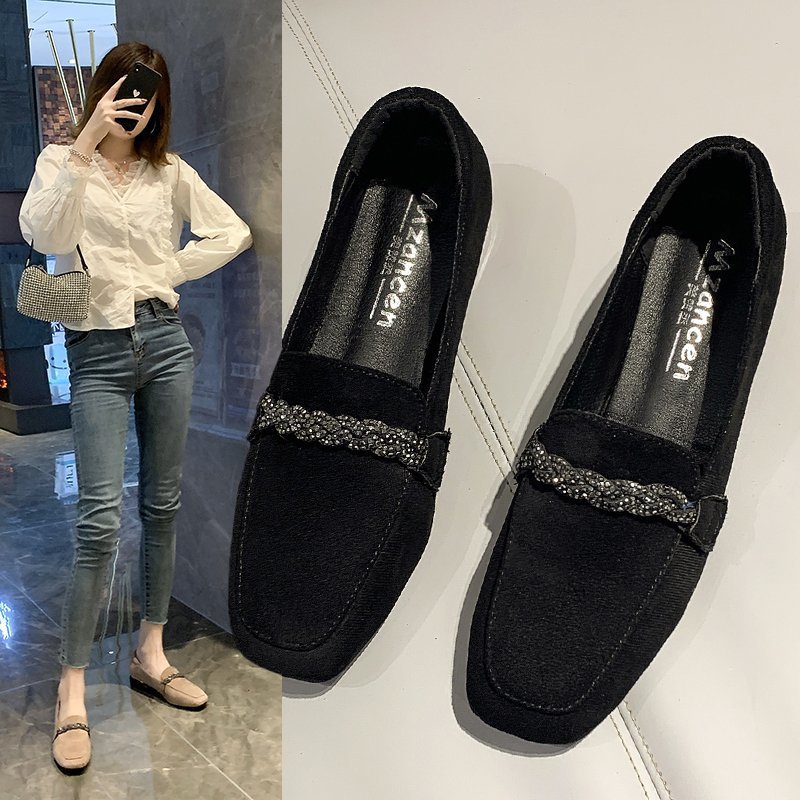 Autumn Winter Women Loafers Low Heels Boat Square Toe Dress Chain Faux Suede Plush Warm Ladies Shoes Plus Size 3691