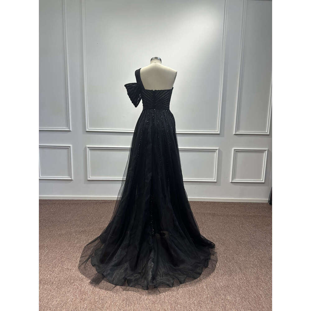 Mermaid Black Sequined Beading Evening Dresses One Shoulder High Split Arabic Formal Party Prom Gowns Vestidos De Fiesta