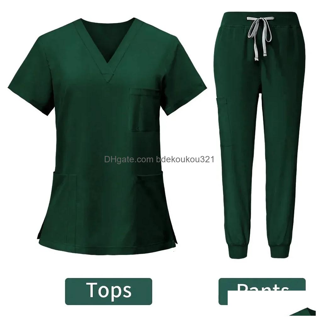 Women'S Two Piece Pants Anti Wrinkle Washable Soft Fabric Nurse Scrubs Hospital Uniform Women Jogger Sets Pair 240418 Drop Delivery A Dh90U