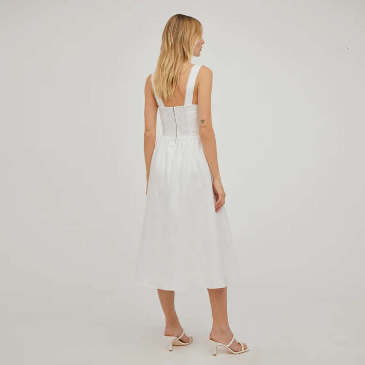 Summer New White Square Collar Strap Medium Long Dress French Style Women S Wear Fishtail Dress Chiffon Floral Dress Loose Bifurcated Lace Dress SKINN