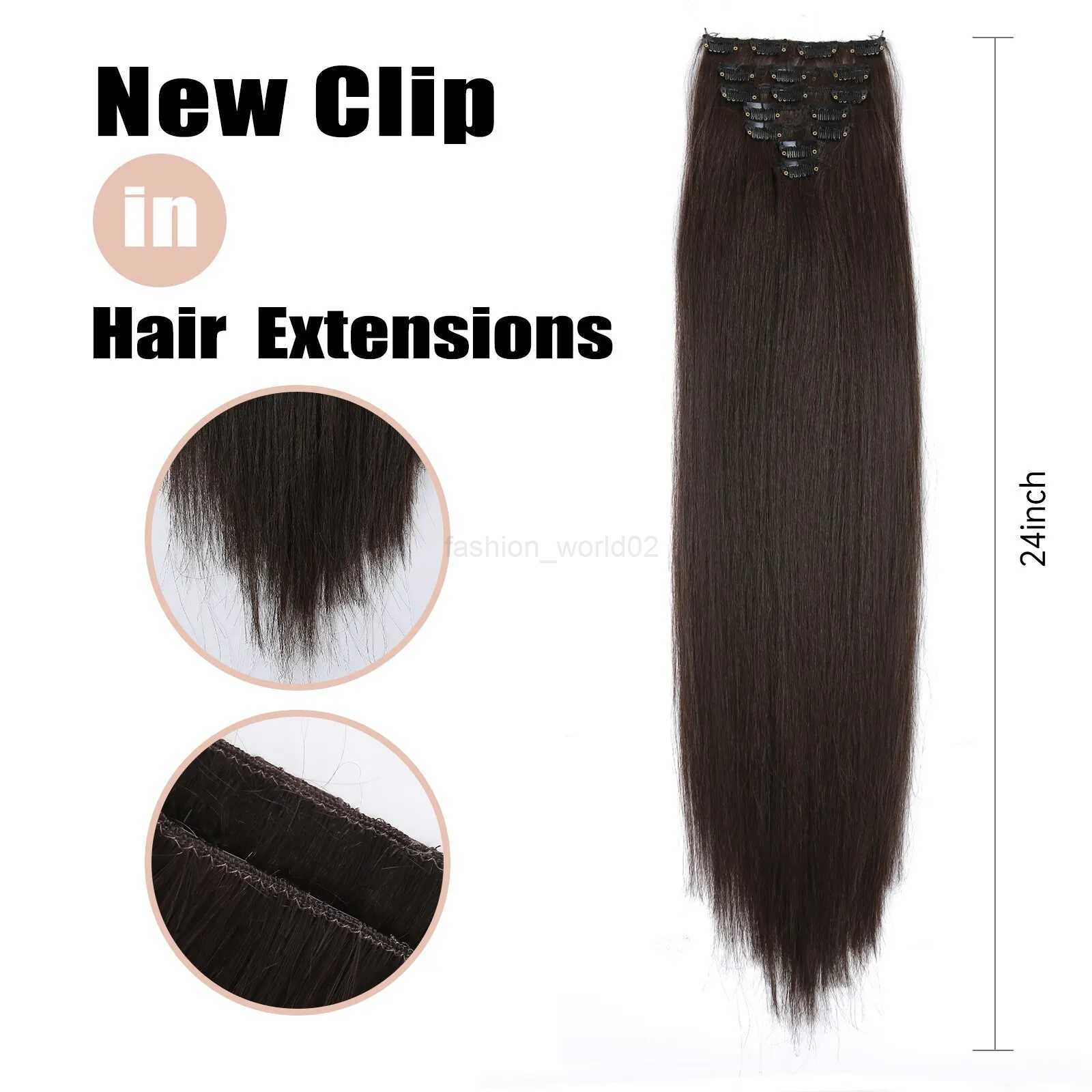 Synthetic long straight hair clip hair 7pcs/set dark brown hair suitable for womens natural fake hairX240719