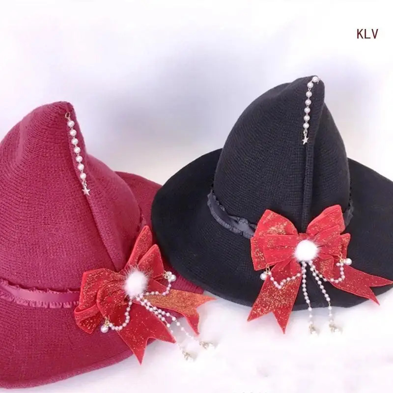 Halloween Witch Cap Wizard Hat Punk Knit Bowknot Hat Costume Headwear Lady Festival Headdress 240712
