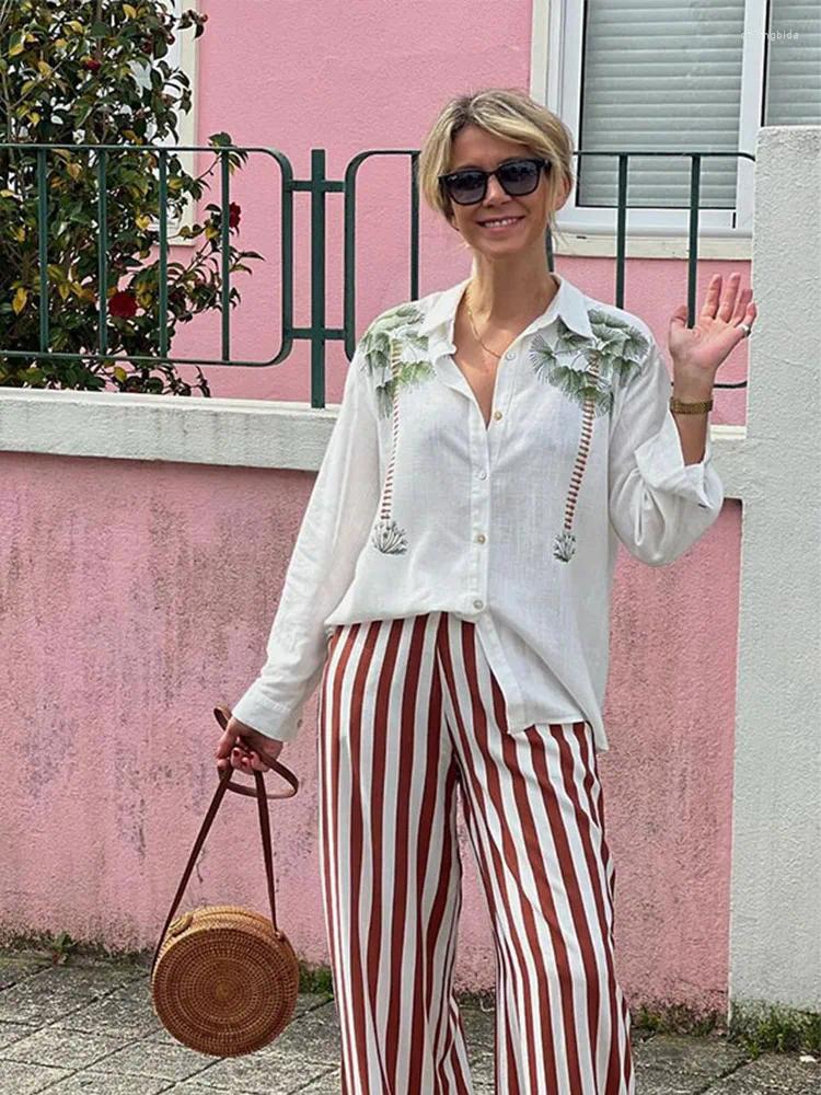 Womens Blouses Elegant Coconut Tree Print White Shirt Women Fashion Loose Lapel V Neck Long Sleeve Blouse 2024 Office Lady Commuting Tops