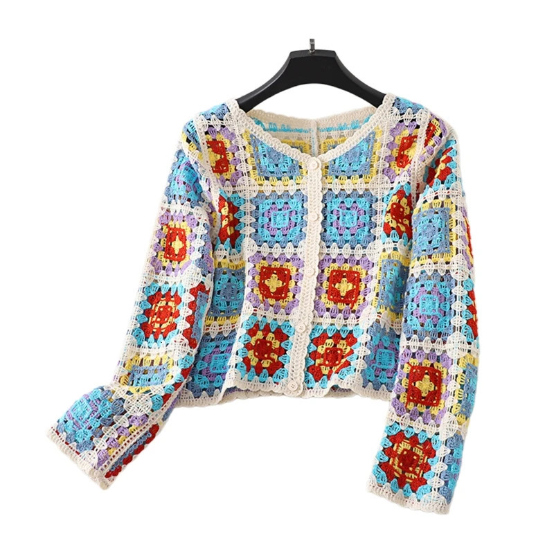 Women Beach Holiday Button Sweater Coat Crochet Knit Colorful Cardigan Outwear 10CF 240717
