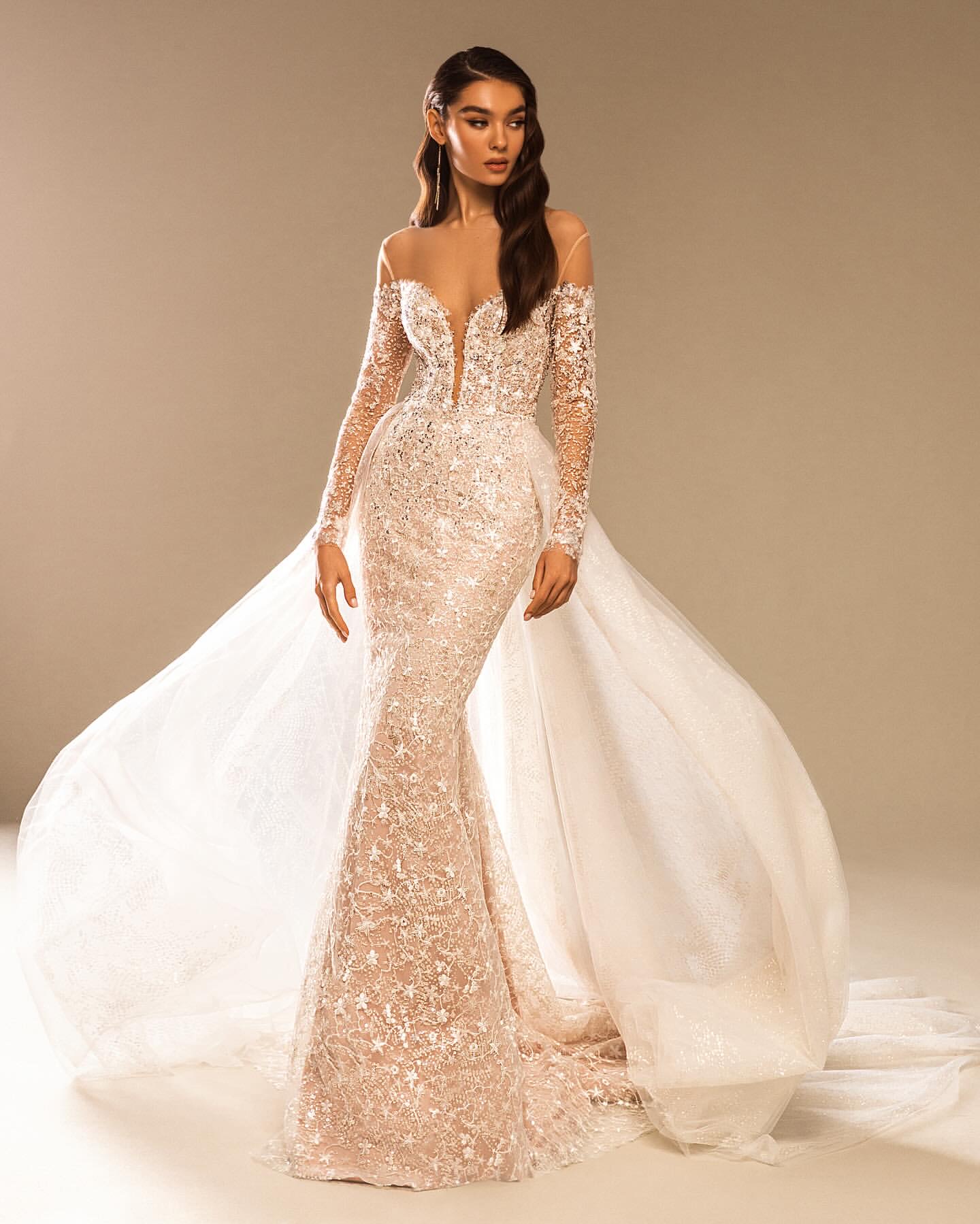 Aso Arabic Ebi Plus Size Ivory Illusion Mermaid Wedding Lace Detachable Train Sparkly Bridal Gowns Dresses