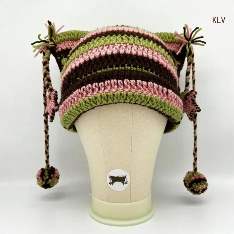 High Elastic Windproof Cat Ear Hat Knitted Stripe Pattern Hat for Women Men Keep Ear Warm Hat with Dangle Pompoms Decor 240712