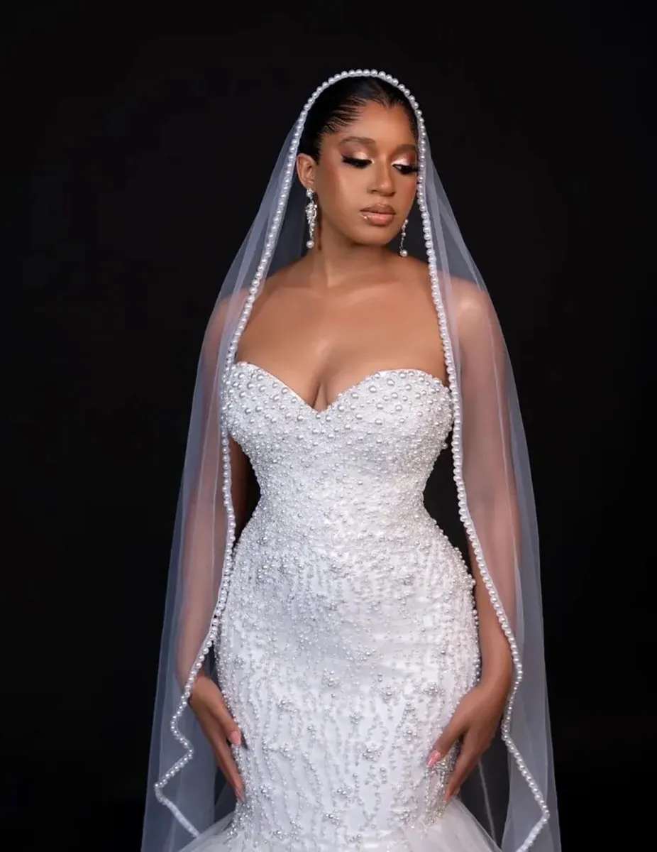 Pearls Beaded Mermaid Wedding Dresses Sweetheart Neck Sleeveless Long Tulle Bridal Gowns Lace-Up Back Chic Bride Formal Robe De Mariee