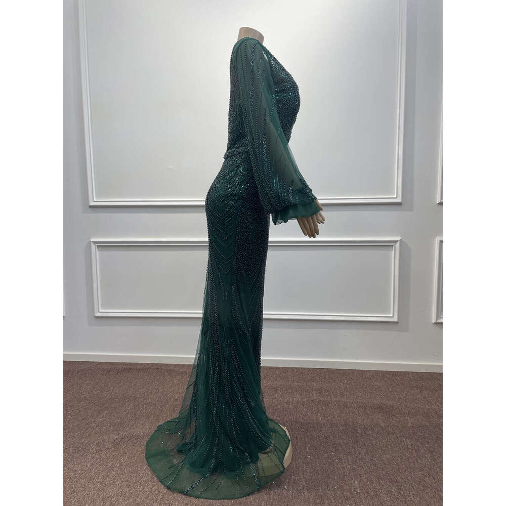 Mermaid Dark Green Sequined Tulle Evening Dresses Beading Long Lantern Sleeve Arabic Formal Party Prom Gowns Vestidos