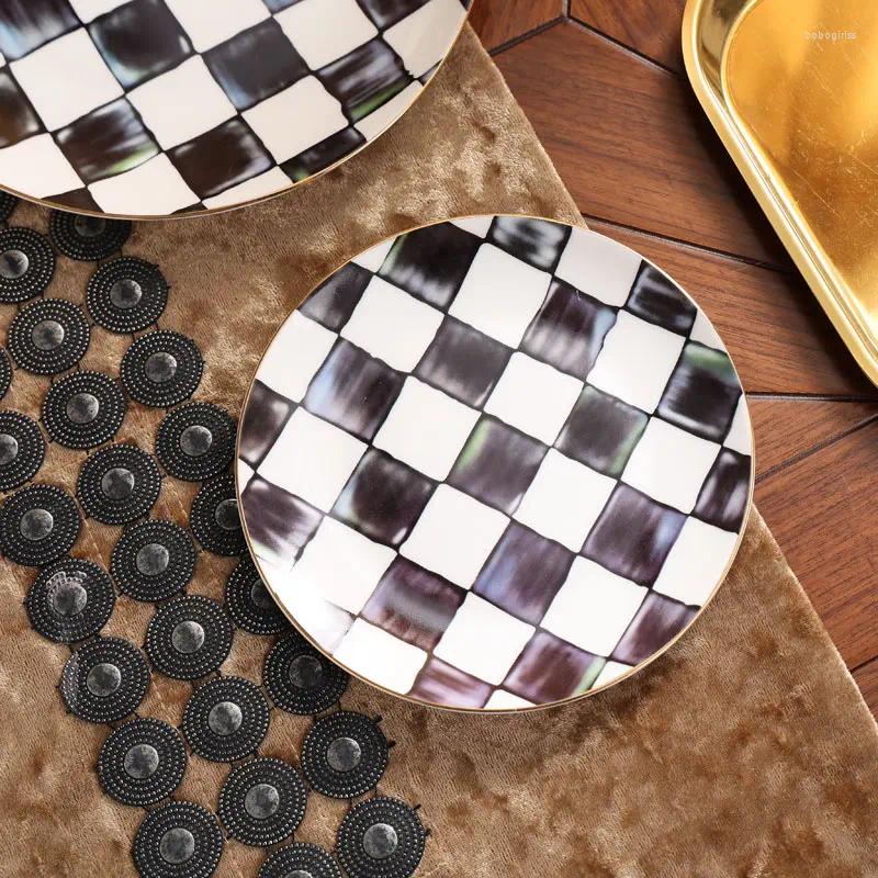 Plates 3Pcs Vintage Checkerboard Bone China Set 6Inch 8Inch 10Inch Porcelain Dinner Serving Dishes Kitchen Restaurant Dinnerware B5