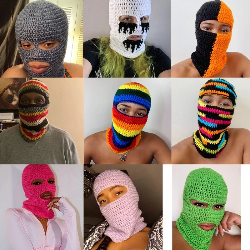Rainbow Striped Balaclava Knit Balaclava Halloween Balaclava Hooded Hat Scarf Beanie Winter Skull Cap Beanie Neck Warmer 240712