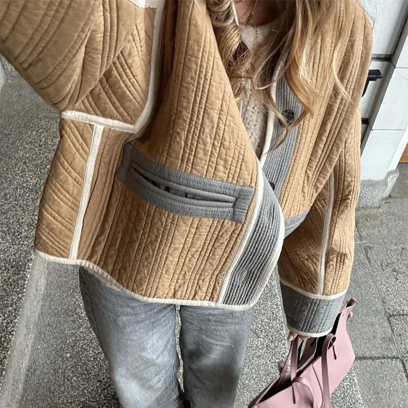 Fashion Print Quilted Jacket for Women Casual Long Sleeved Pocketed Zipper Coat Autumn Winter Commuting Female Overcoat 240715