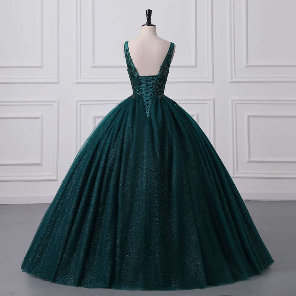 Glitter Sequined Beaded Evening Dress Dark Green Tulle Sexy V Neck Sleeveless Formal Party Prom Ball Gown Lace Up Robe De Soiree