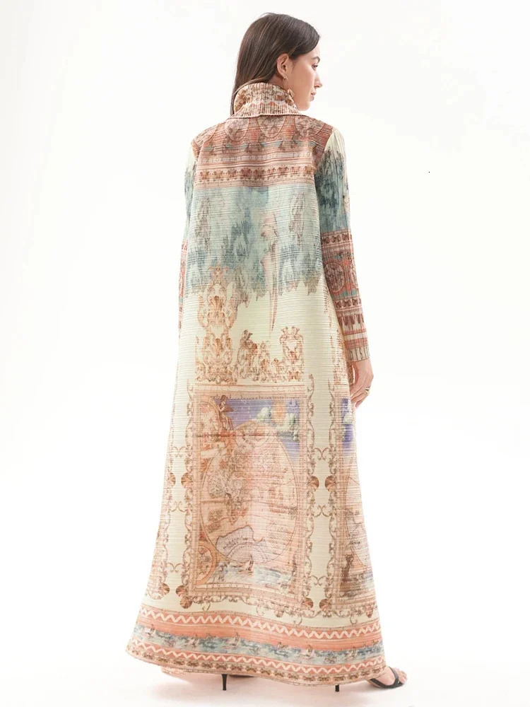Miyake Pleated Vintage Printed Turndown Collar Long Sleeve Dress Women Dubai Style Plus Size Coats 240712